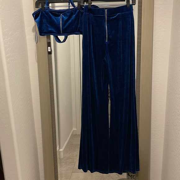 2 piece velvet pants set crop top and pants - BLUE - Picture 10 of 16